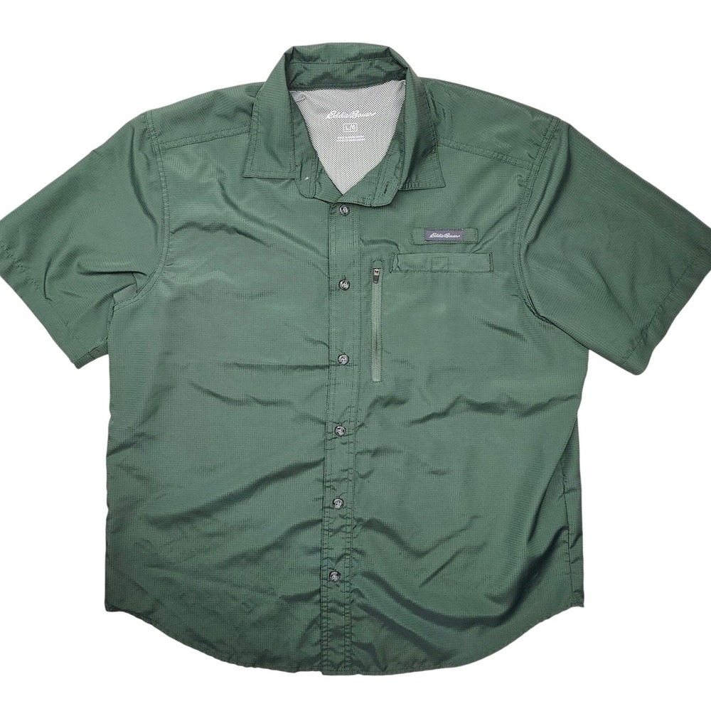 Eddie Bauer Mens Green Ripstop Short Sleeve Button Down Fishing Shirt EMT4970S L